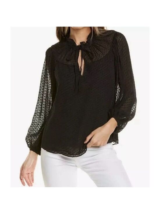 Rebecca Taylor Tops - Rebecca Taylor Women's Long Sleeve Clip Dot Black Size 10 Tie Neck Blouse